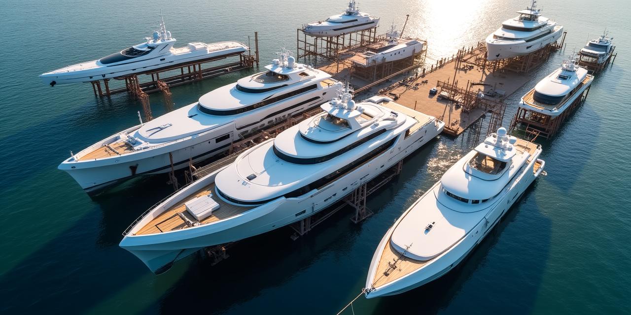 Vista aerea di un cantiere navale moderno con scafi in costruzione